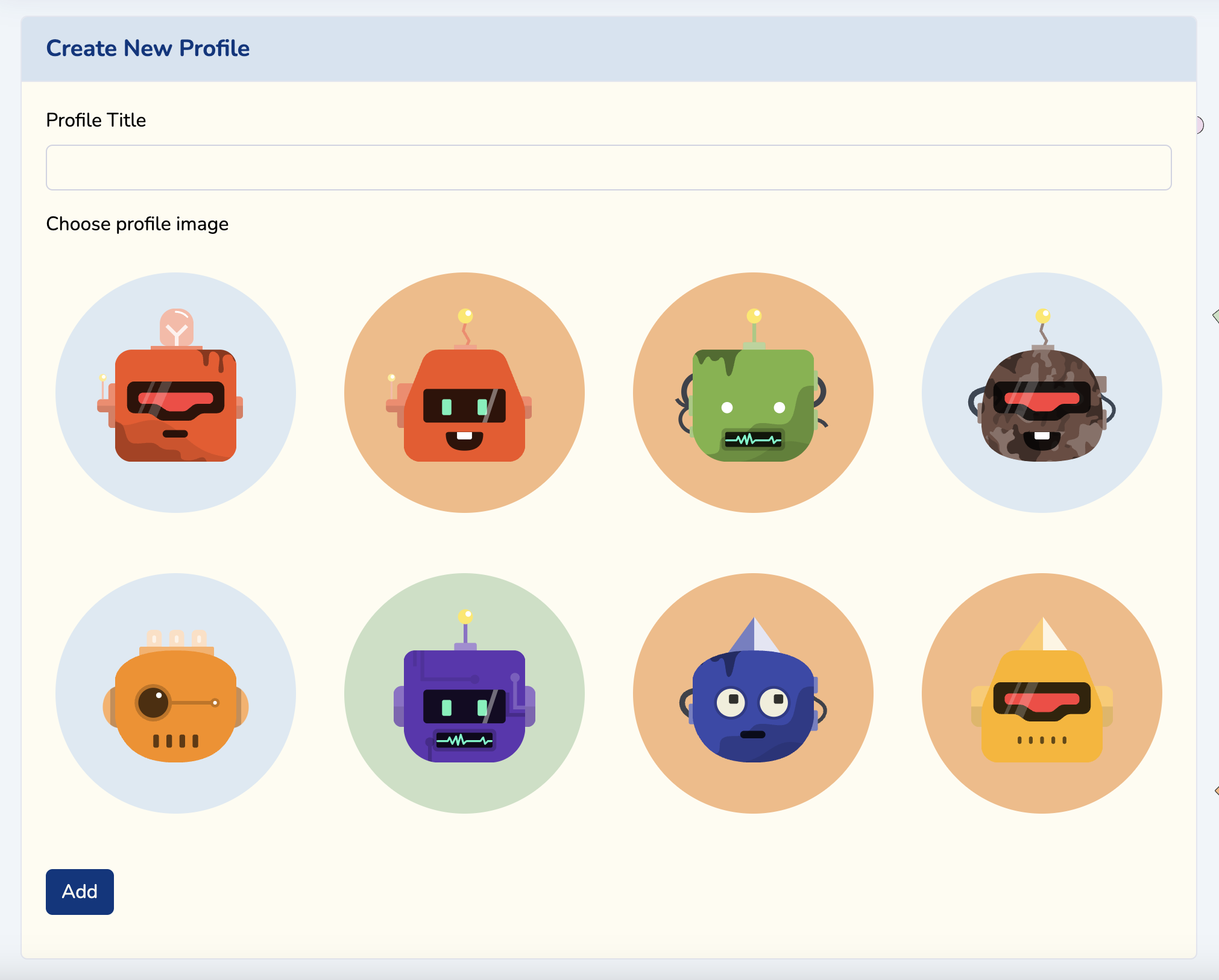 Screenshot of the add profile page